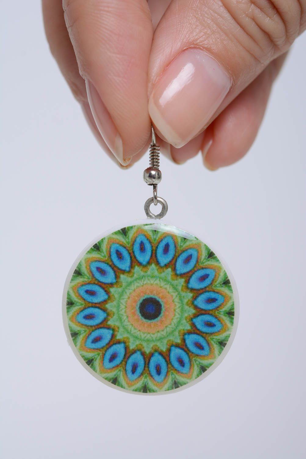 Polymer clay handmade earrings decorated with decoupage blue and green jewelry photo 4