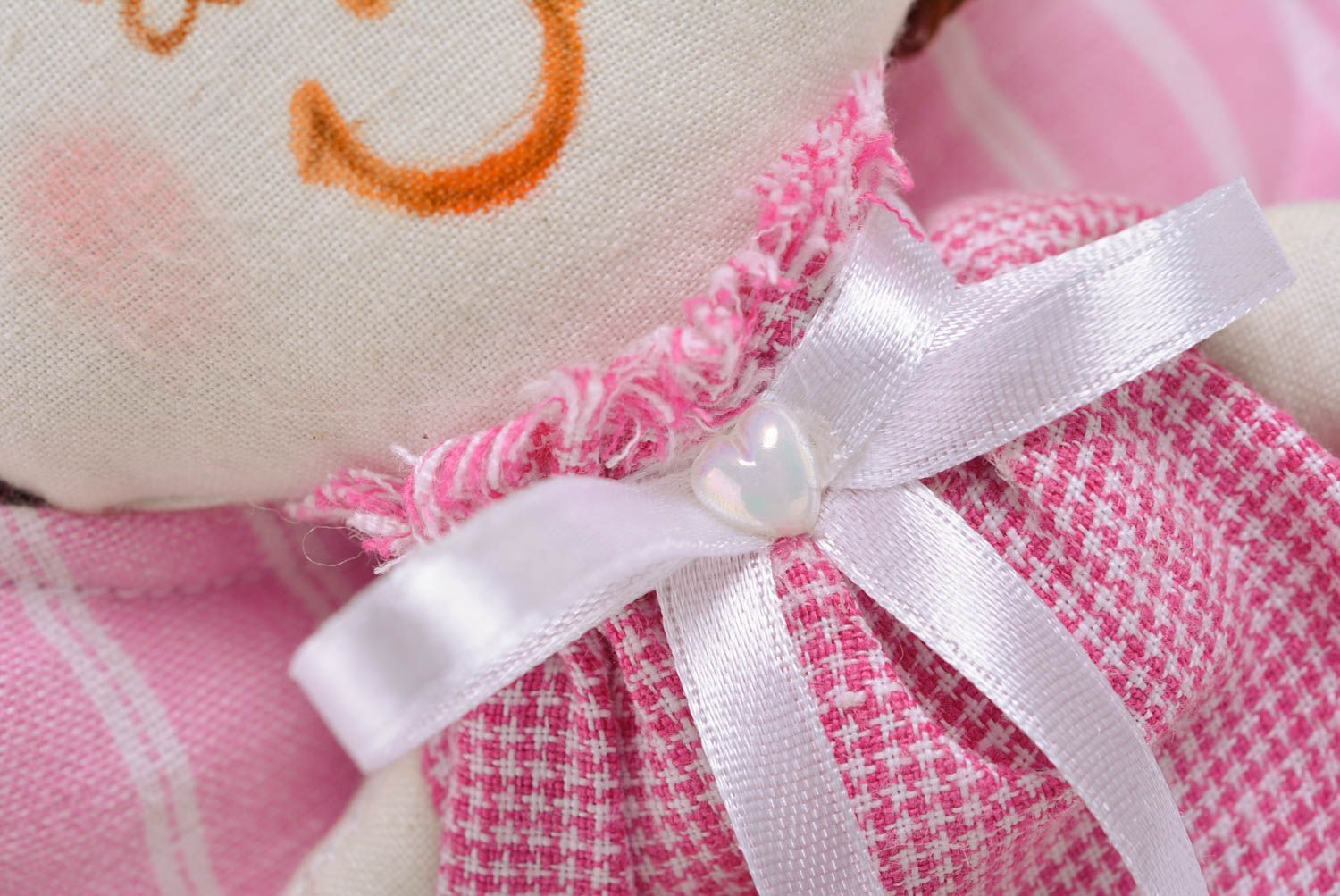 Handmade soft toy sewn of cotton fabric in the shape of angel girl in pink dress photo 5