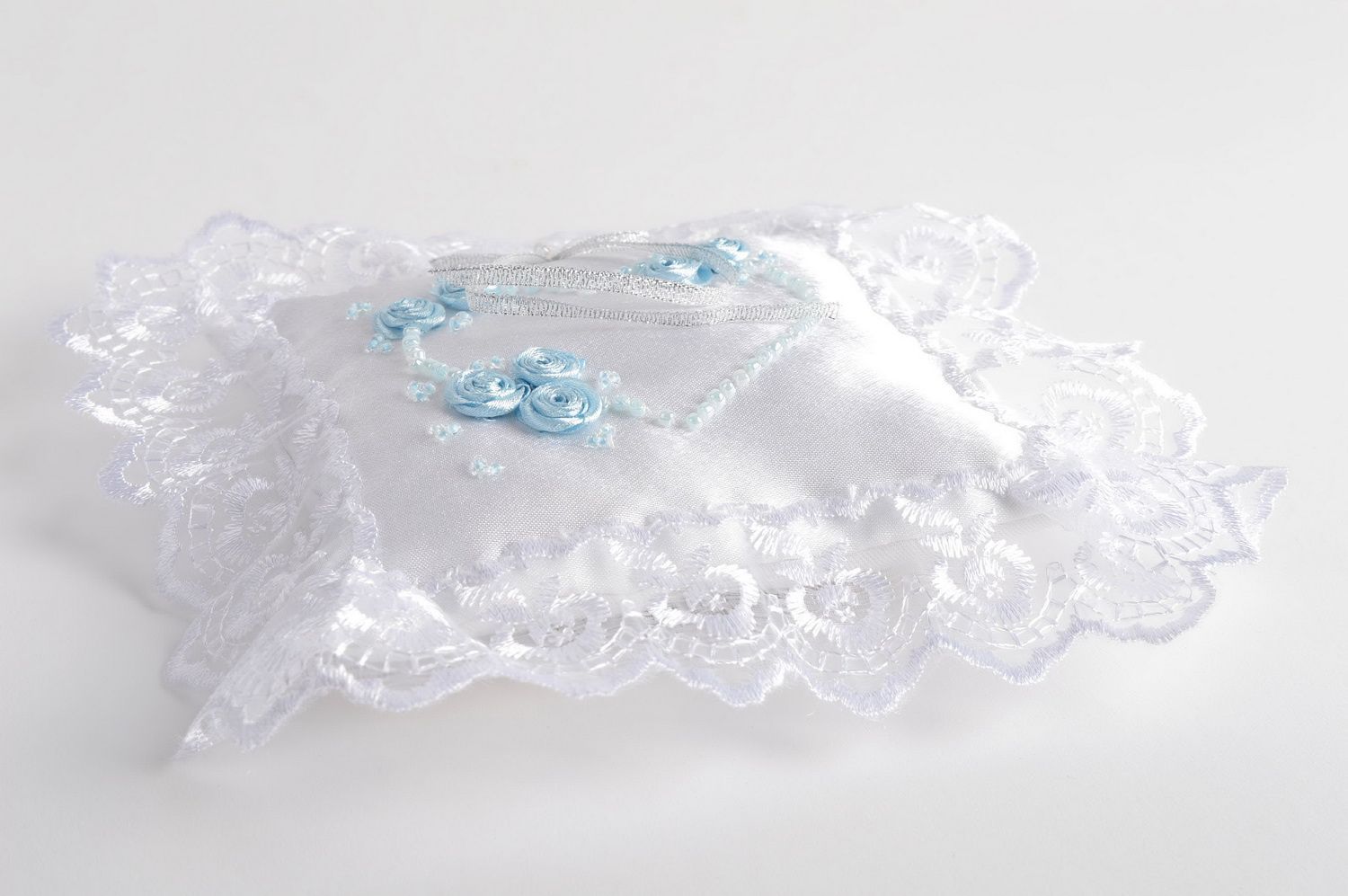 Beautiful designer handmade satin wedding ring pillow with lace and blue flowers photo 3