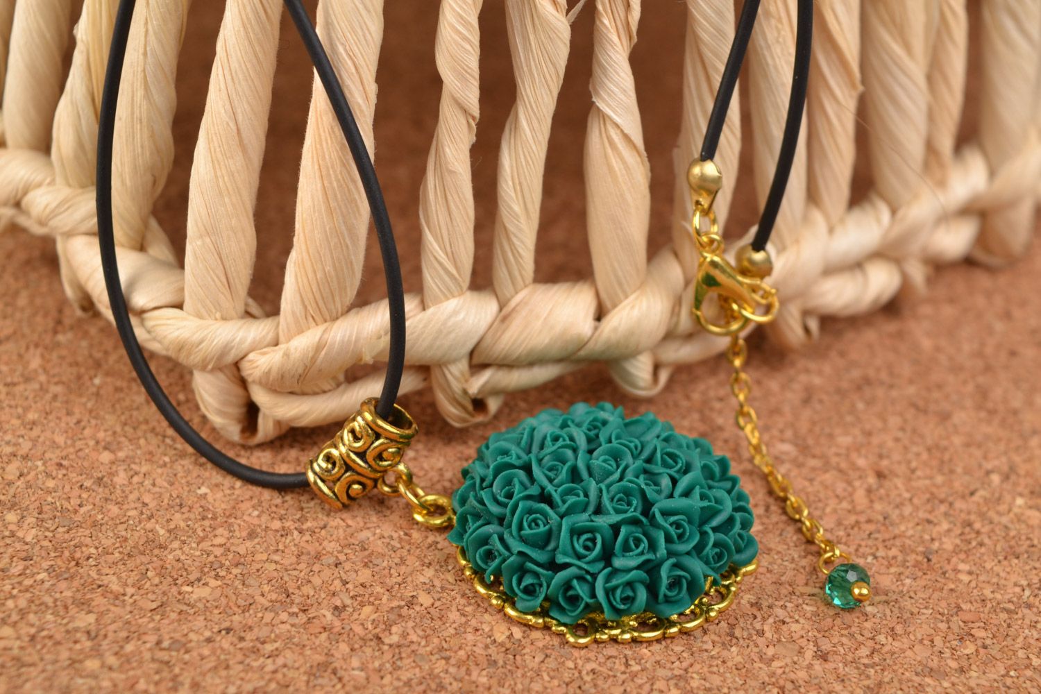 Handmade polymer clay round pendant of green color on rubber cord for women photo 5