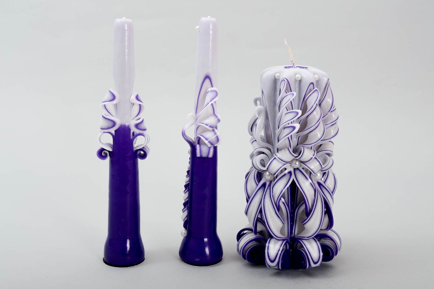 Резные свечи ручной работы венчальные свечи аксессуары для свадьбы лиловые фото 3