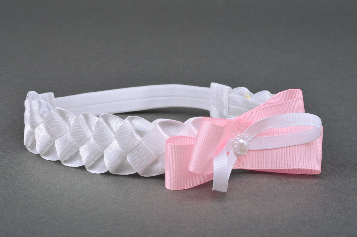 Handmade festive headband with pink bow sewn of ribbons for little girls photo 3