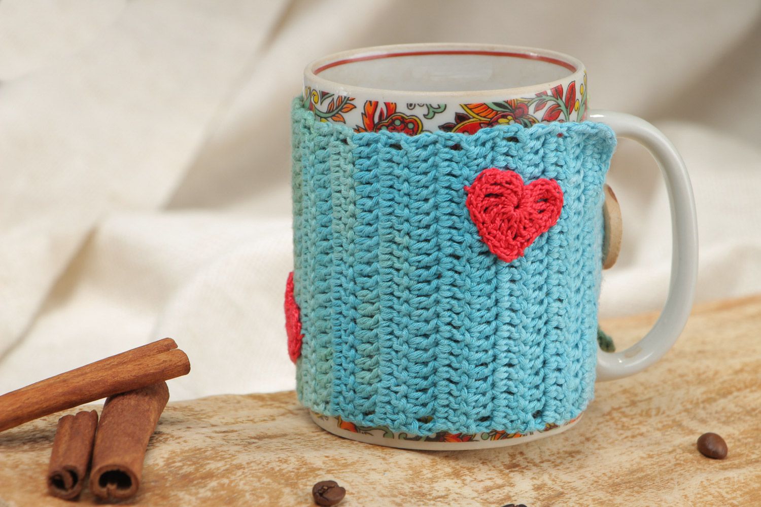 Pull pour tasse fait main tricoté au crochet vert bleu en fils de coton photo 1