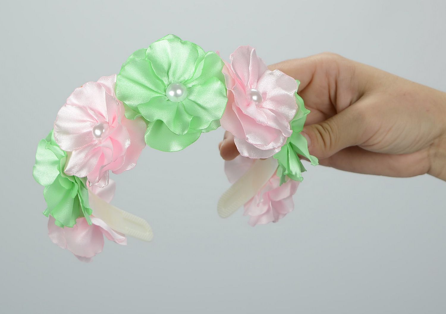 Headband, head wreath with satin flowers Lime with pink photo 4