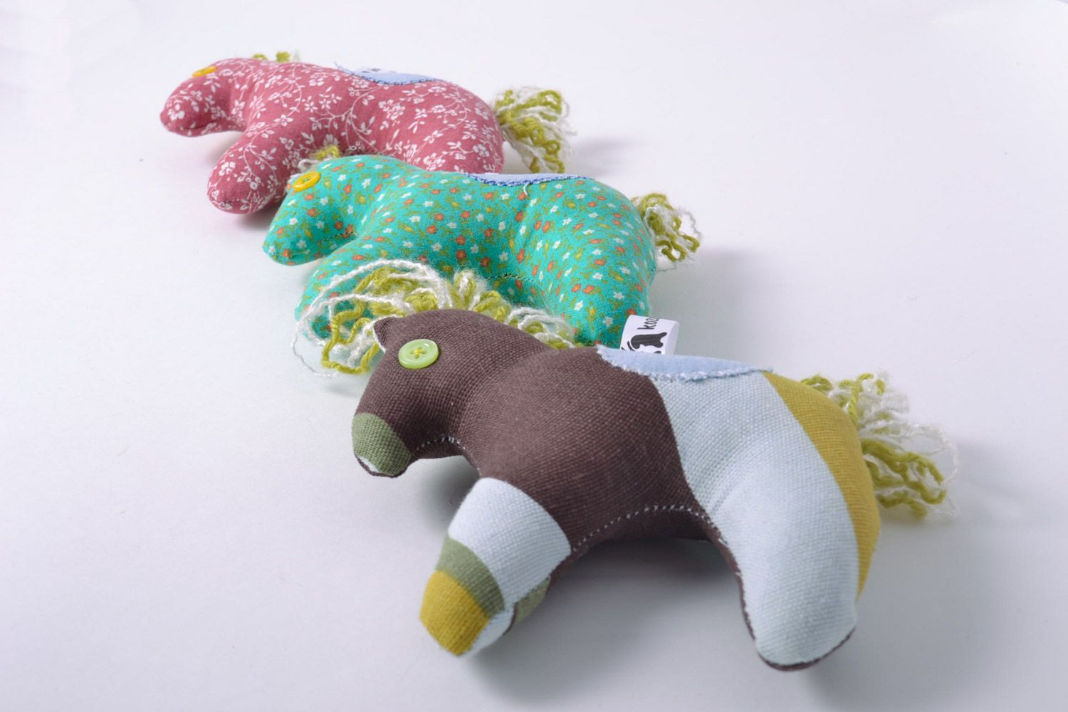 Set of 3 handmade small cute soft toys sewn of colorful fabric horses  photo 2
