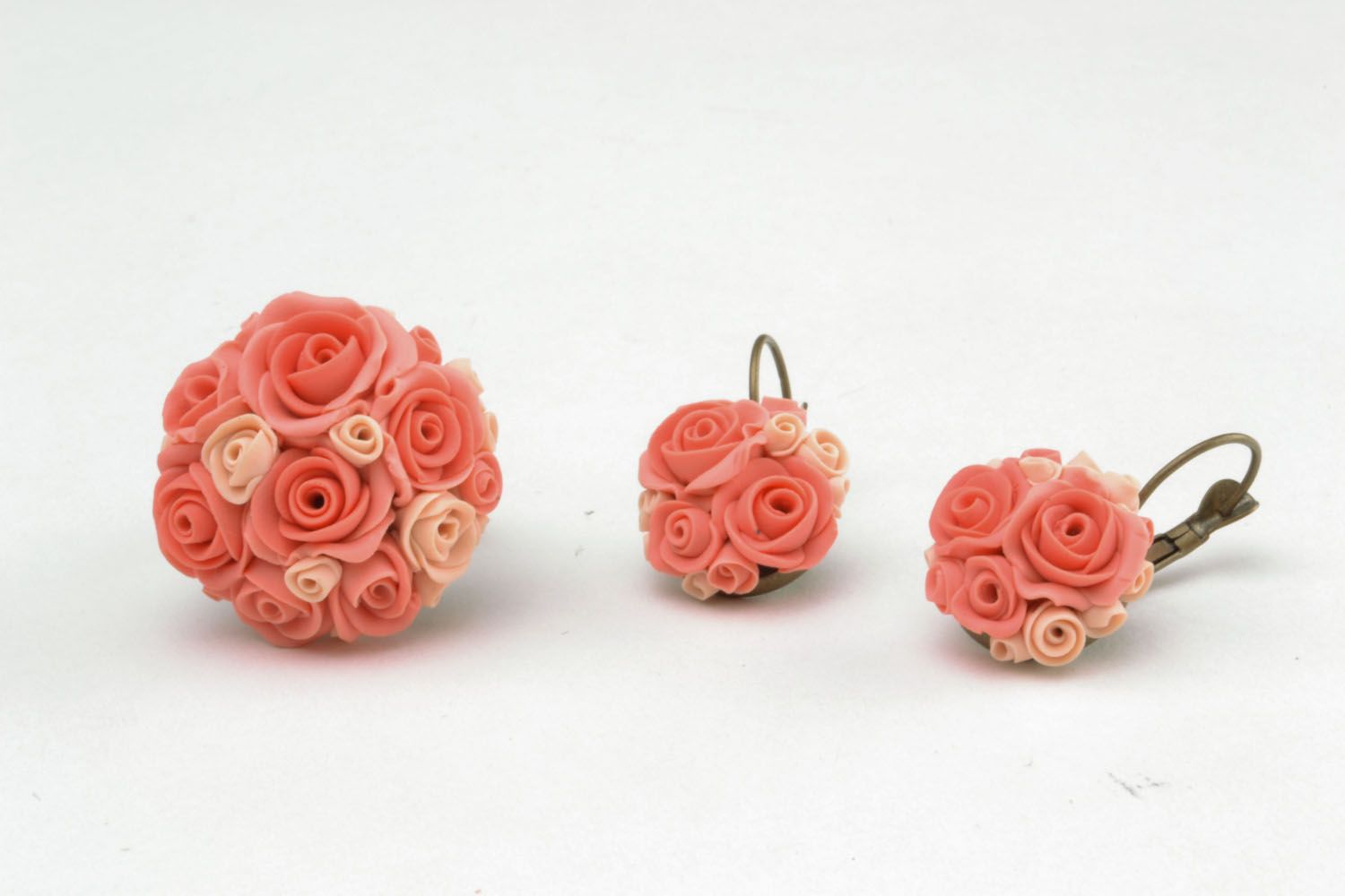 Pink polymer clay ring and earrings photo 3