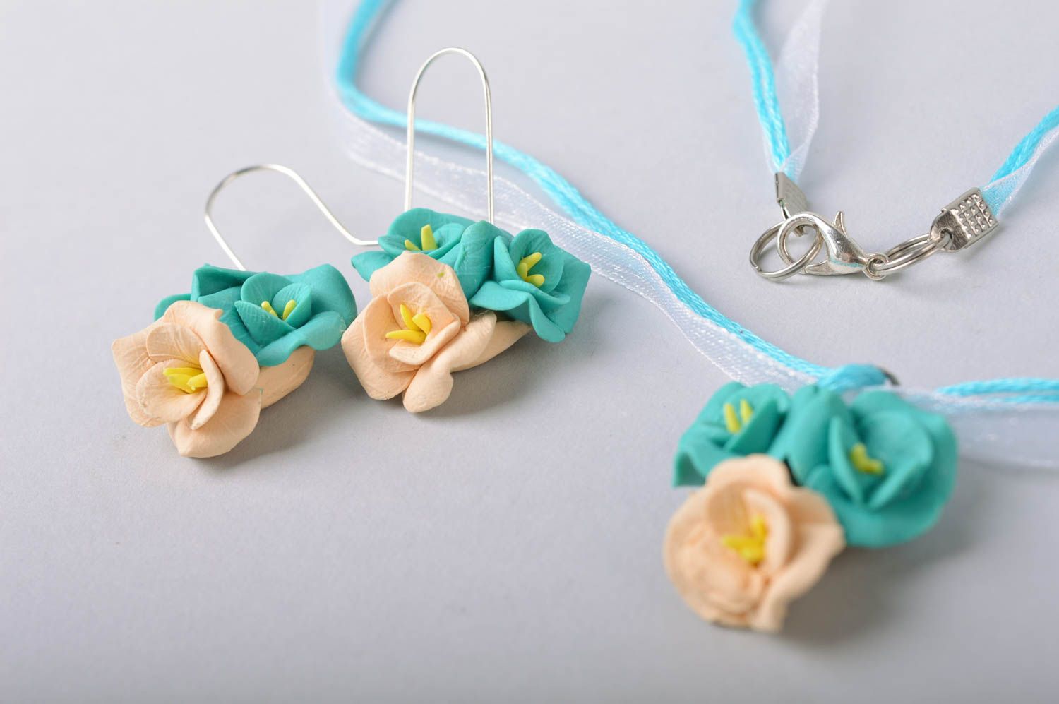 Blue jewelry set made of cold porcelain earrings and pendant with flowers  photo 5