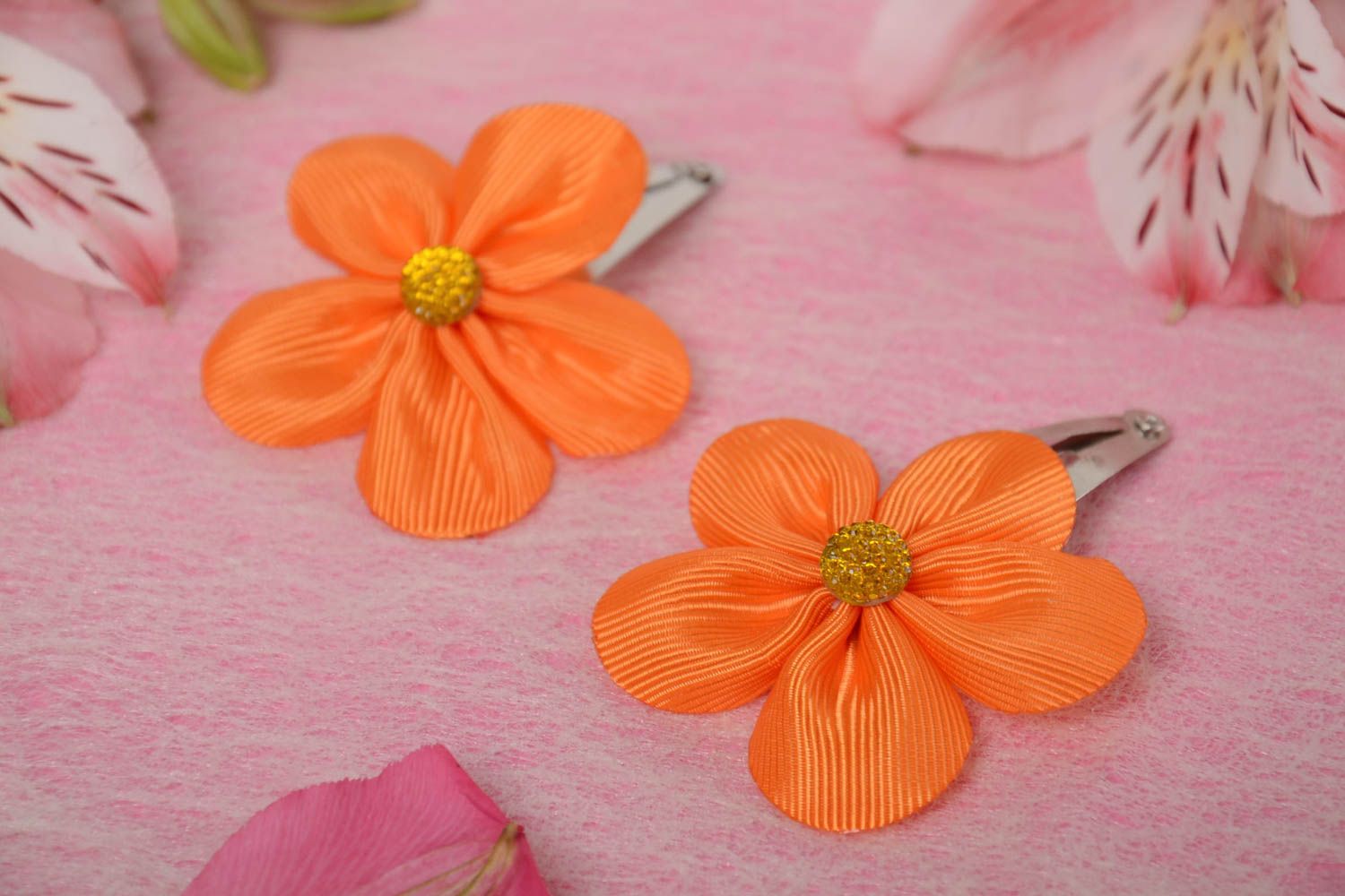 Bright orange handmade children's rep ribbon flower barrettes 2 pieces photo 1