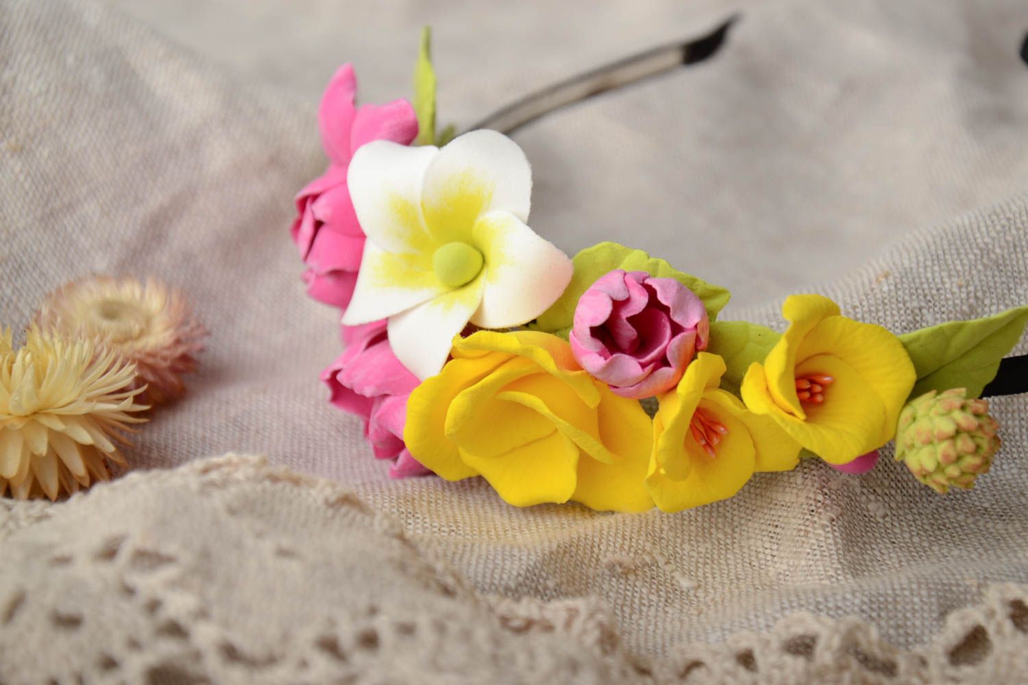 Handmade tender decorative thin headband with colorful polymer clay flowers photo 1