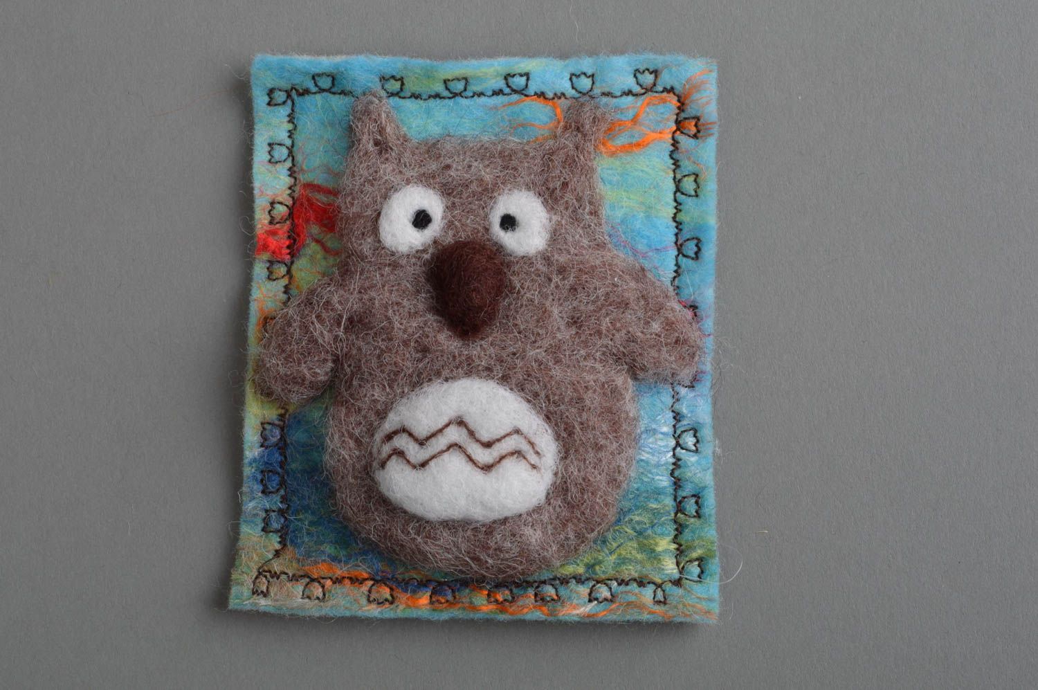 Handmade cute textile fridge magnet made of wool in shape of eagle owl photo 3