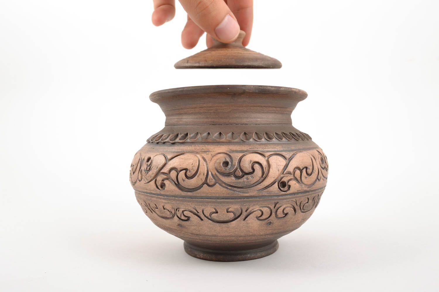 Designer ethnic ceramic pot with lid for baking handmade ornamented  photo 2