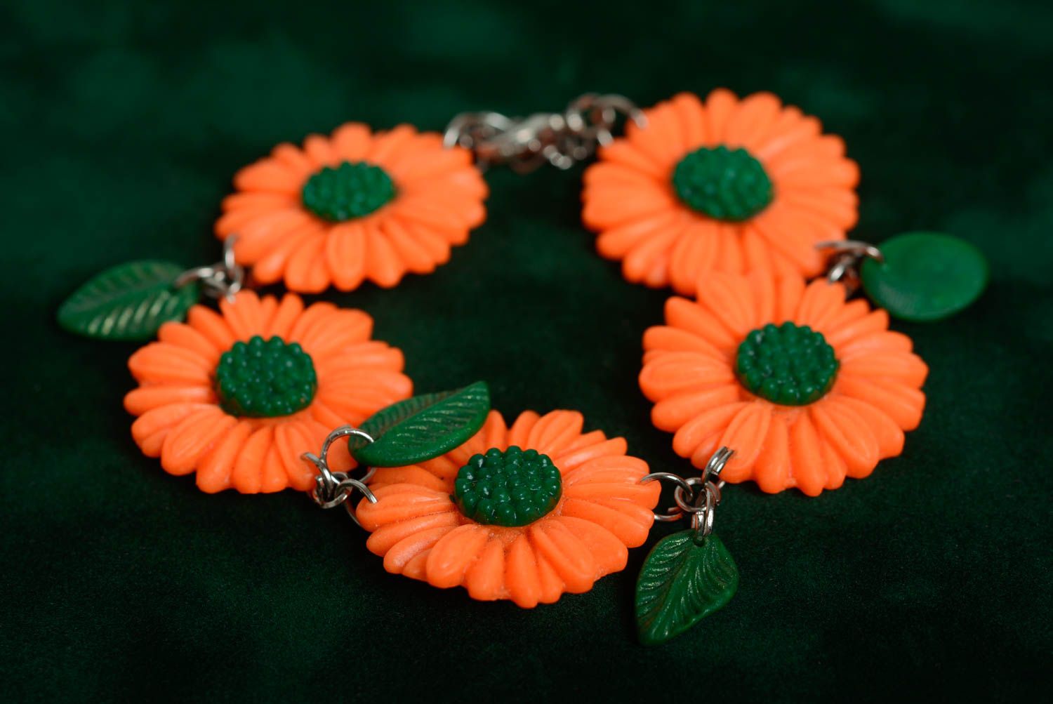 Beau bracelet en pâte polymère fait main design original avec fleurs orange photo 4