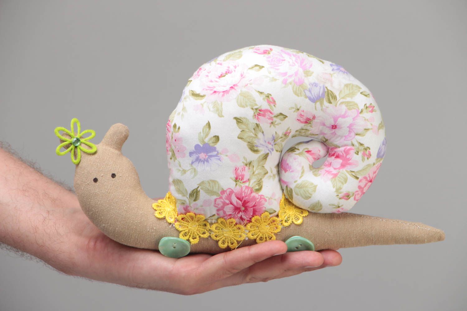 Handmade cotton fabric soft toy funny snail with floral pattern for children photo 5