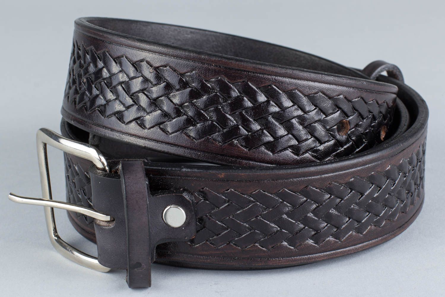 Handmade dark genuine leather men's belt with steel buckle and embossing photo 4