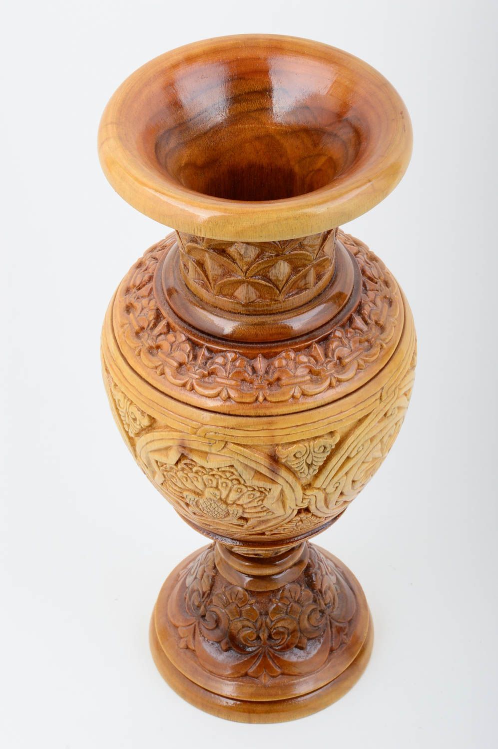 Vase bois verni fait main Déco maison sculptée Cadeau original ornementé photo 2