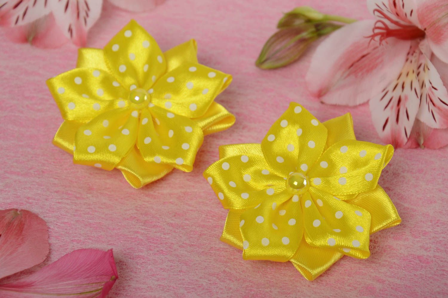 Handmade yellow hair clips with flowers made of satin ribbons for kids 2 pieces photo 1