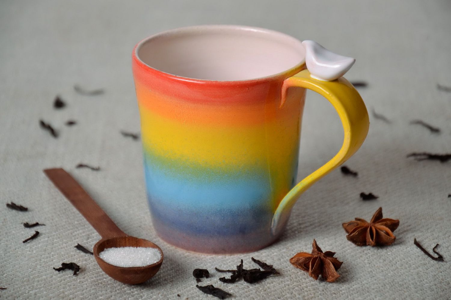 Tall ceramic drinking 10 oz cup with handle and rainbow pattern photo 1