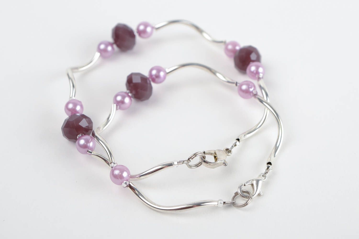 Handmade metal two-row bracelet set with purple and cherry beads for women photo 5