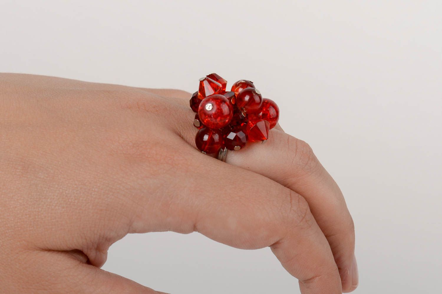 Handmade designer jewelry ring on metal basis with red glass and crystal beads photo 5