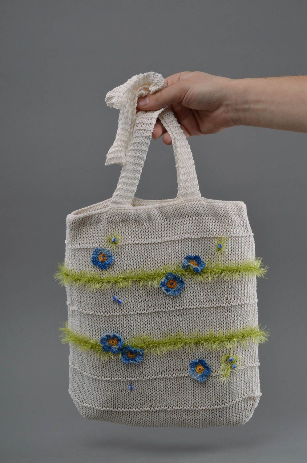 Knitted shoulder bag made of cotton roomy female handmade designer purse photo 4