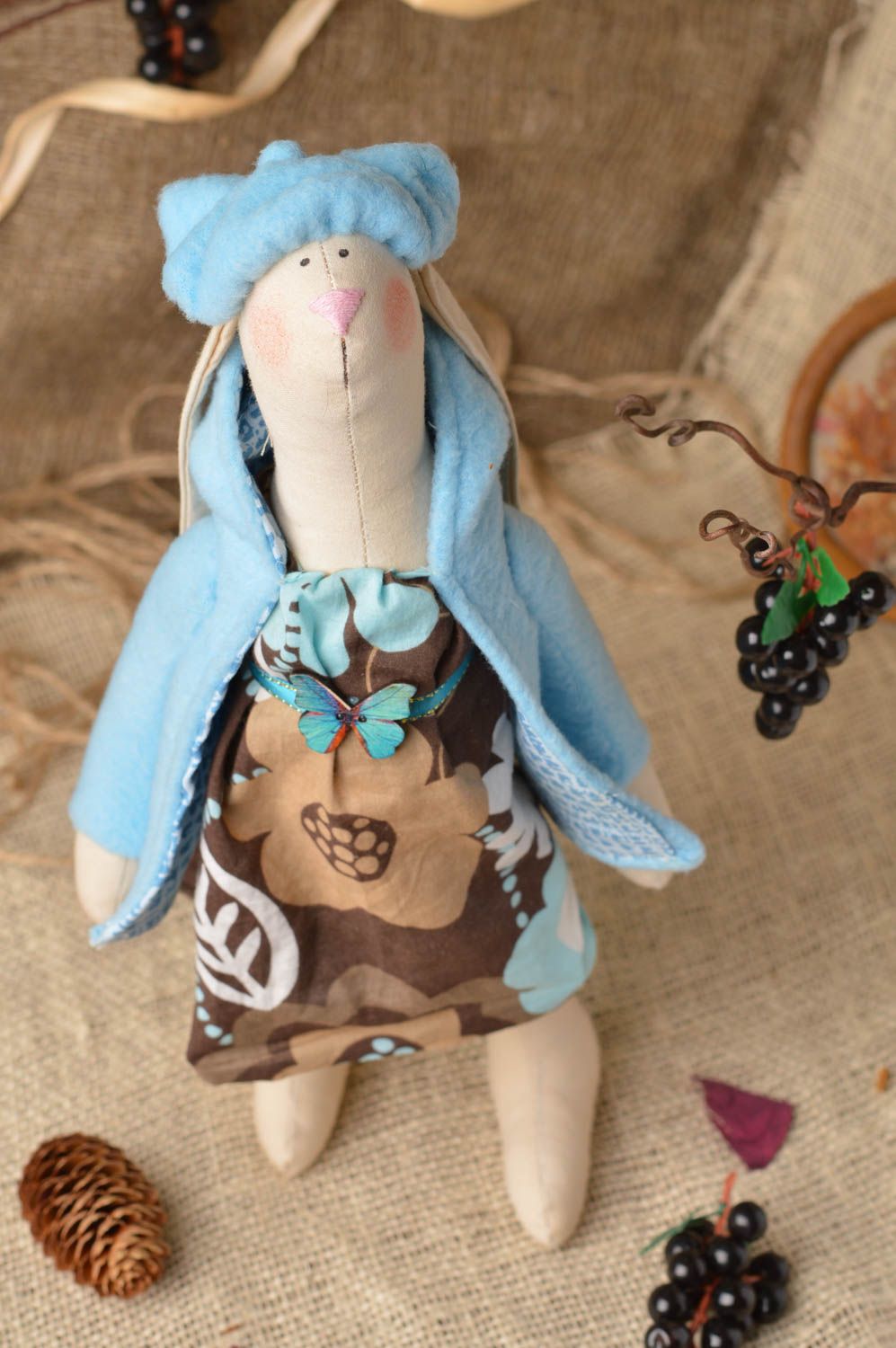 Beautiful handmade children's fabric soft toy hare in blue attire photo 1