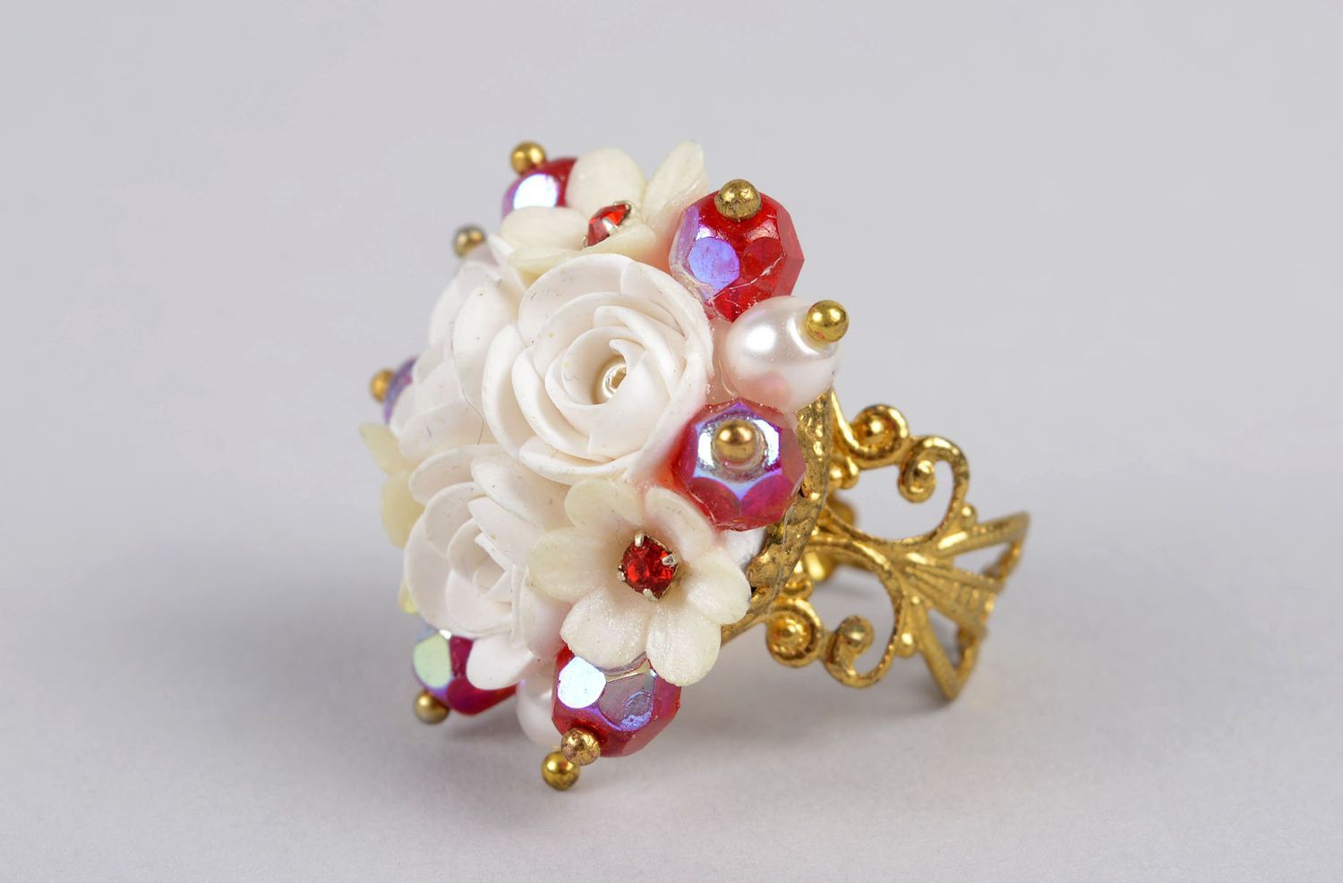 Polymer clay ring handmade volume ring with flowers stylish present for women  photo 1