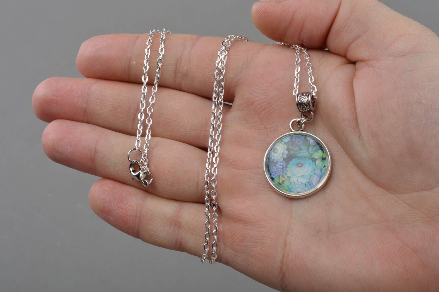 Handmade silver colored decoupage round pendant necklace with jewelry resin photo 4