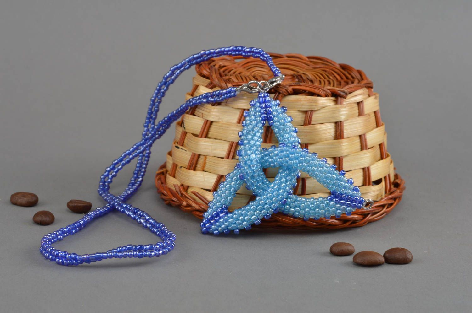 Handmade pendant seed beads accessory designer jewelery blue beaded necklace photo 1