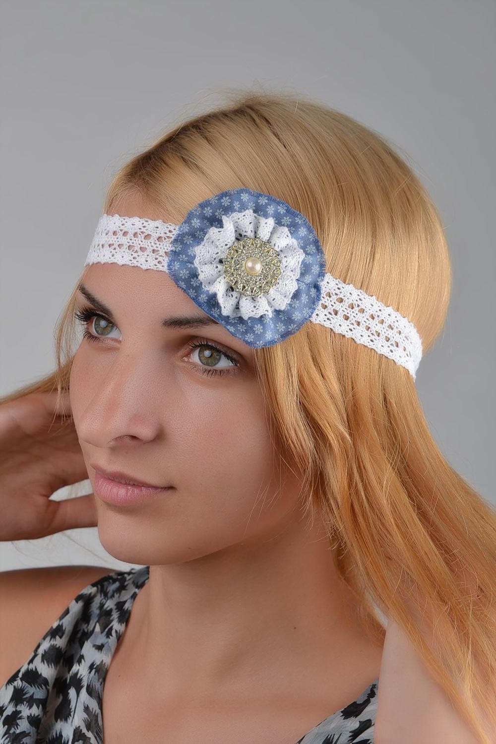 Handmade openwork headband fabric headband with flower lace headband  photo 2