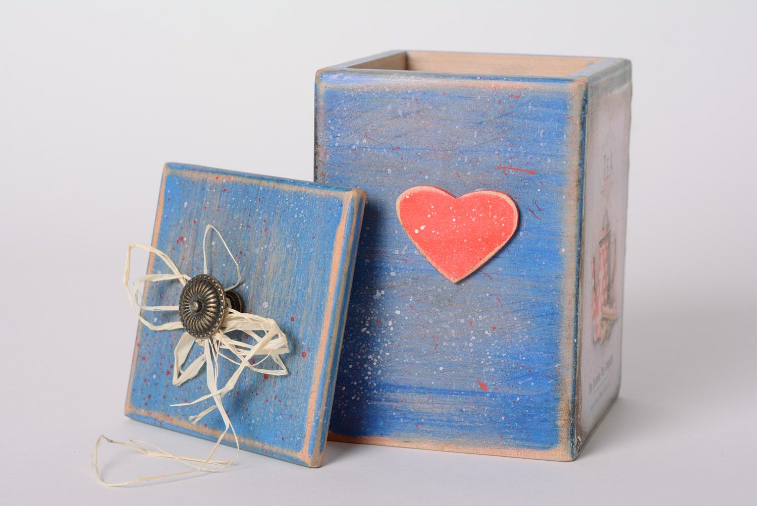Boîte de rangement de cuisine bleue avec coeur rouge style rétro faite main photo 1