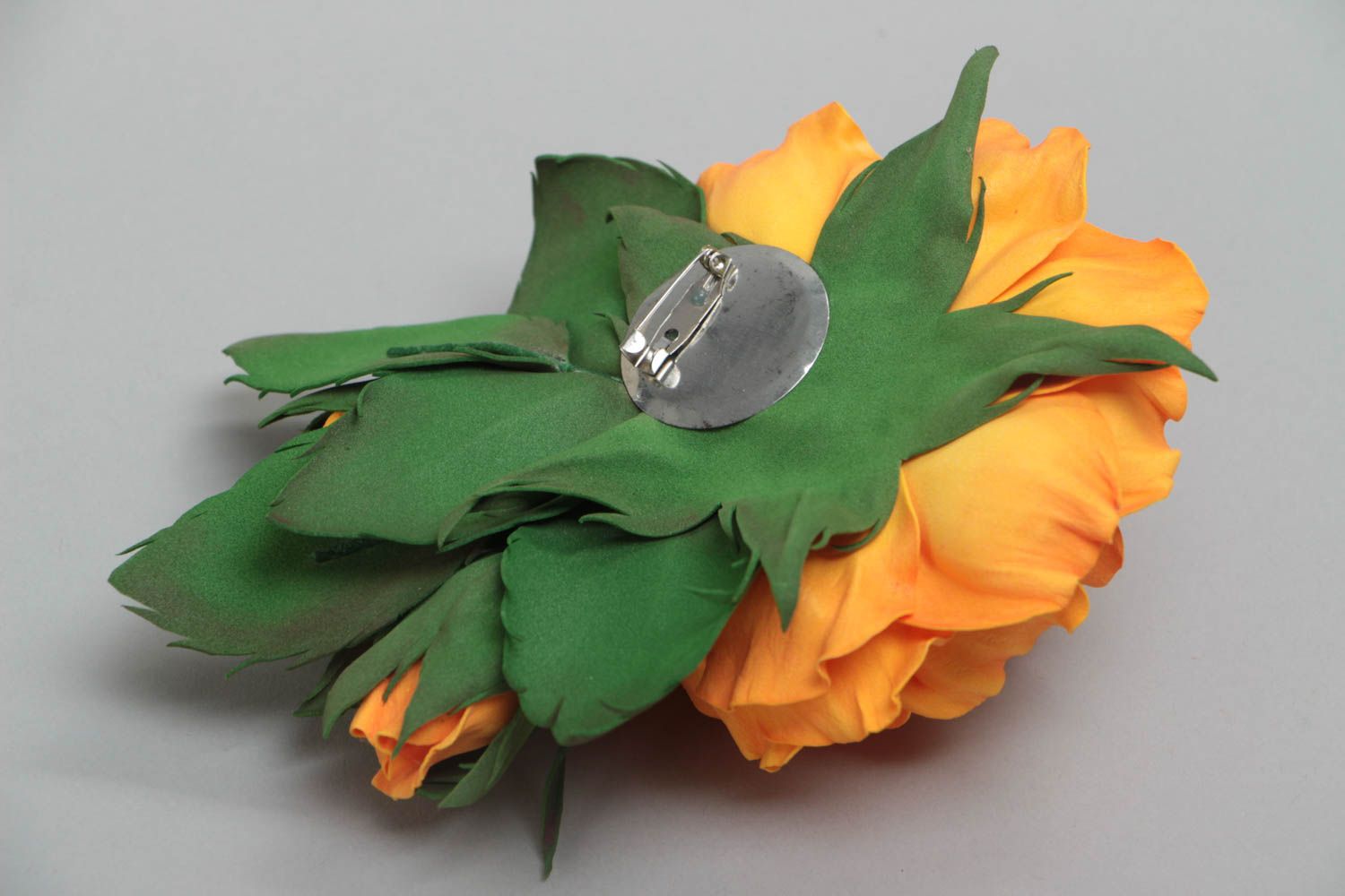 Handmade designer brooch with large volume orange flower molded of plastic suede photo 3