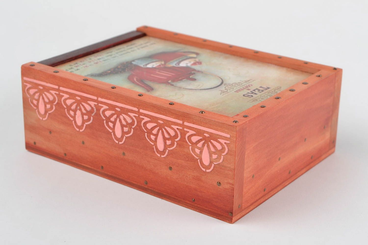 Красивая деревянная коробка в технике декупаж для чая ручной работы оригинальная фото 5