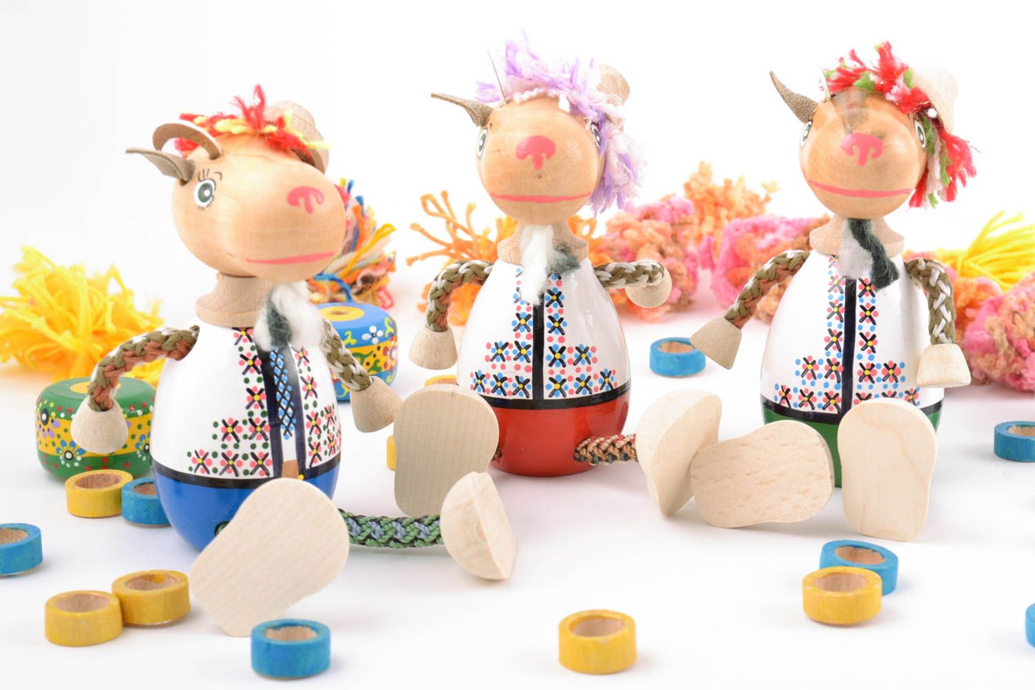 Colorful painted handmade wooden toys set 3 pieces Goats eco photo 1