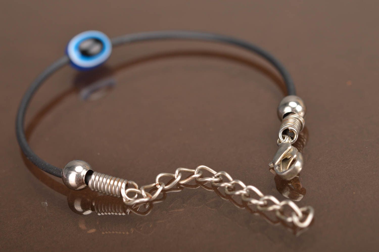 Female handmade stylish beautiful unusual thin rubber bracelet with beads photo 5