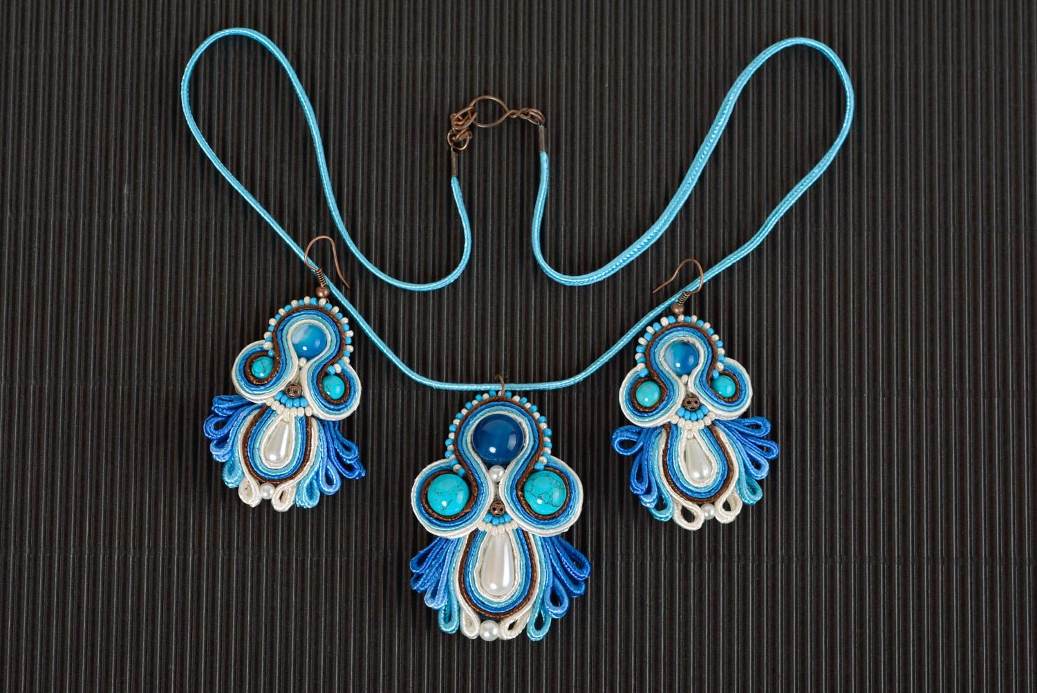 Parure de Bijoux soutache faits main bleus originaux 2 pièces Cadeau pour femme photo 3
