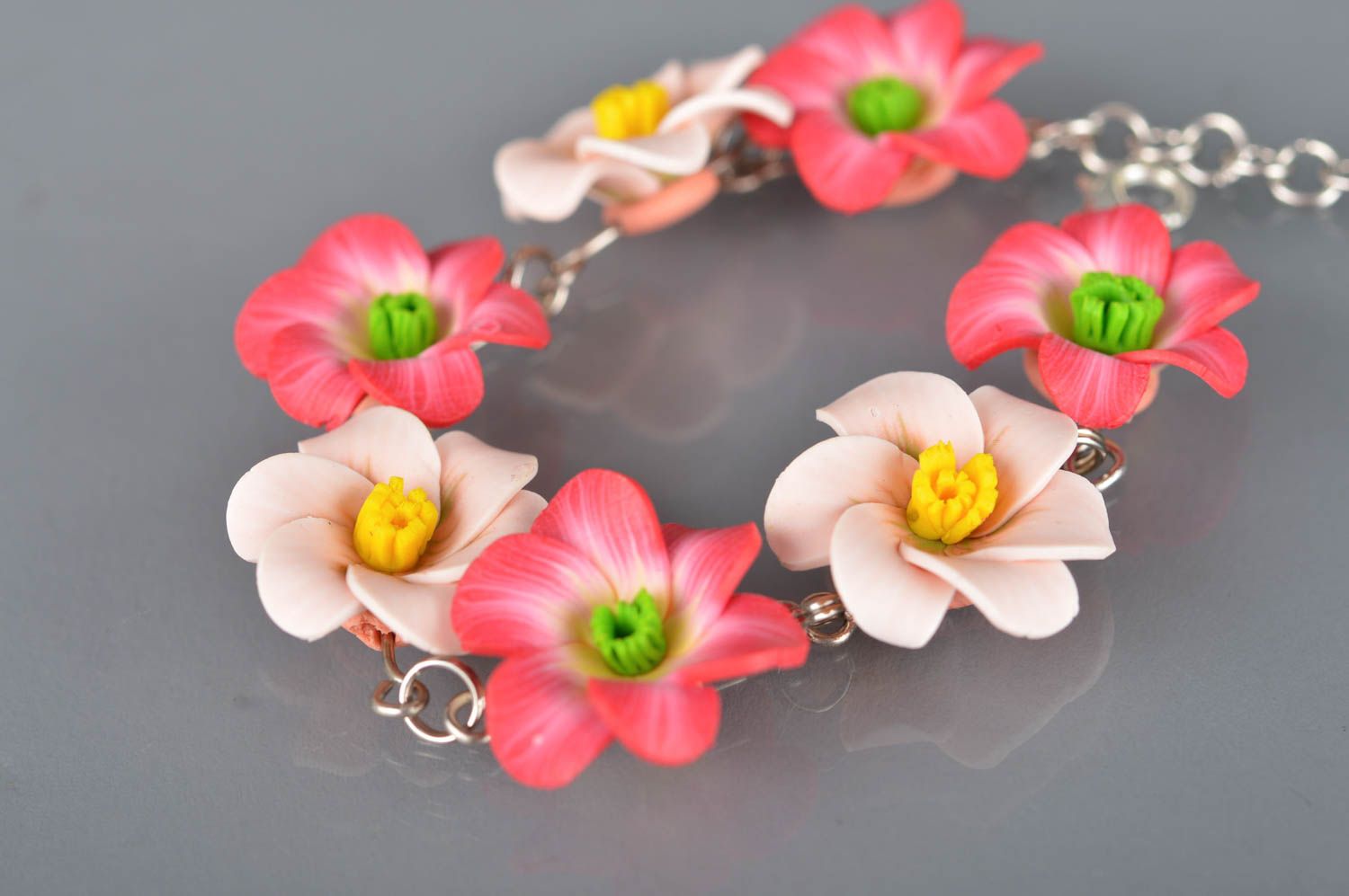Thin designer polymer clay bracelet with flowers handmade accessory on chain photo 5