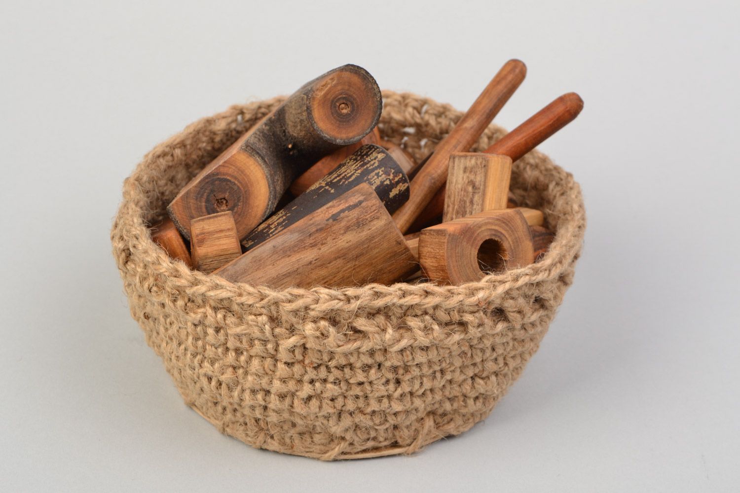 Handmade wooden educational toy constructor in woven basket photo 4