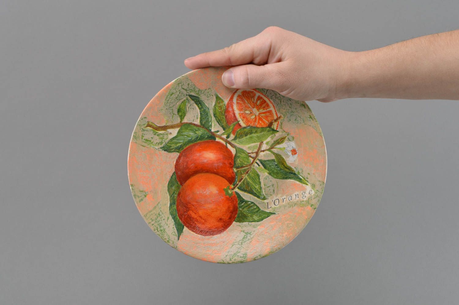 Стеклянная тарелка в технике декупаж ручной работы для декора дома Апельсины фото 4
