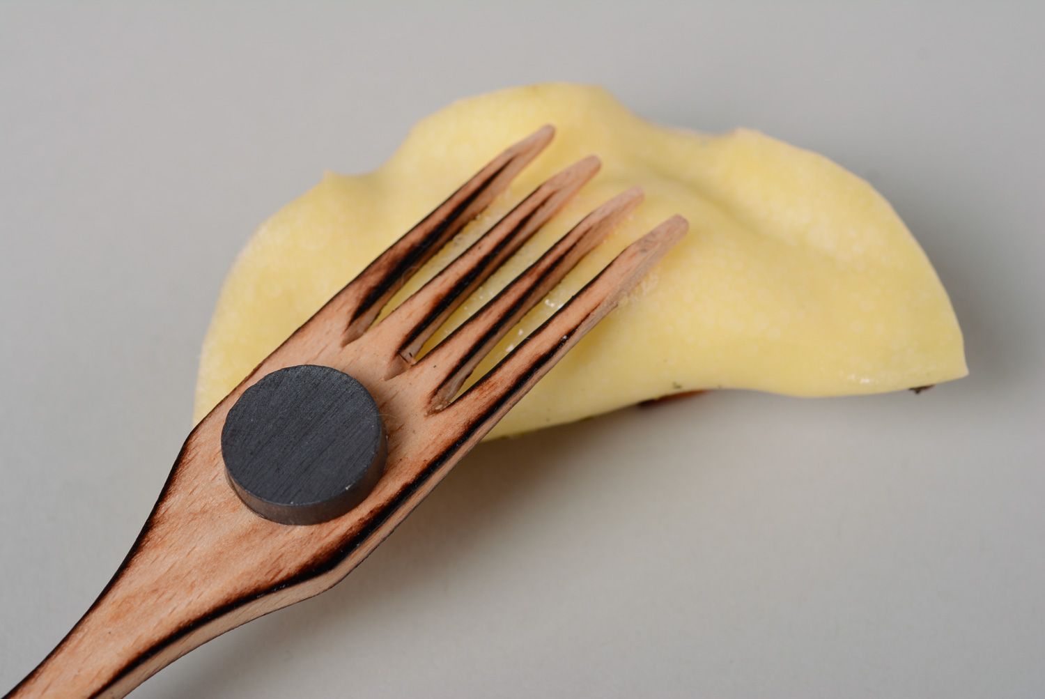 Handmade decorative polymer clay fridge magnet for kitchen dumpling on wooden fork photo 2