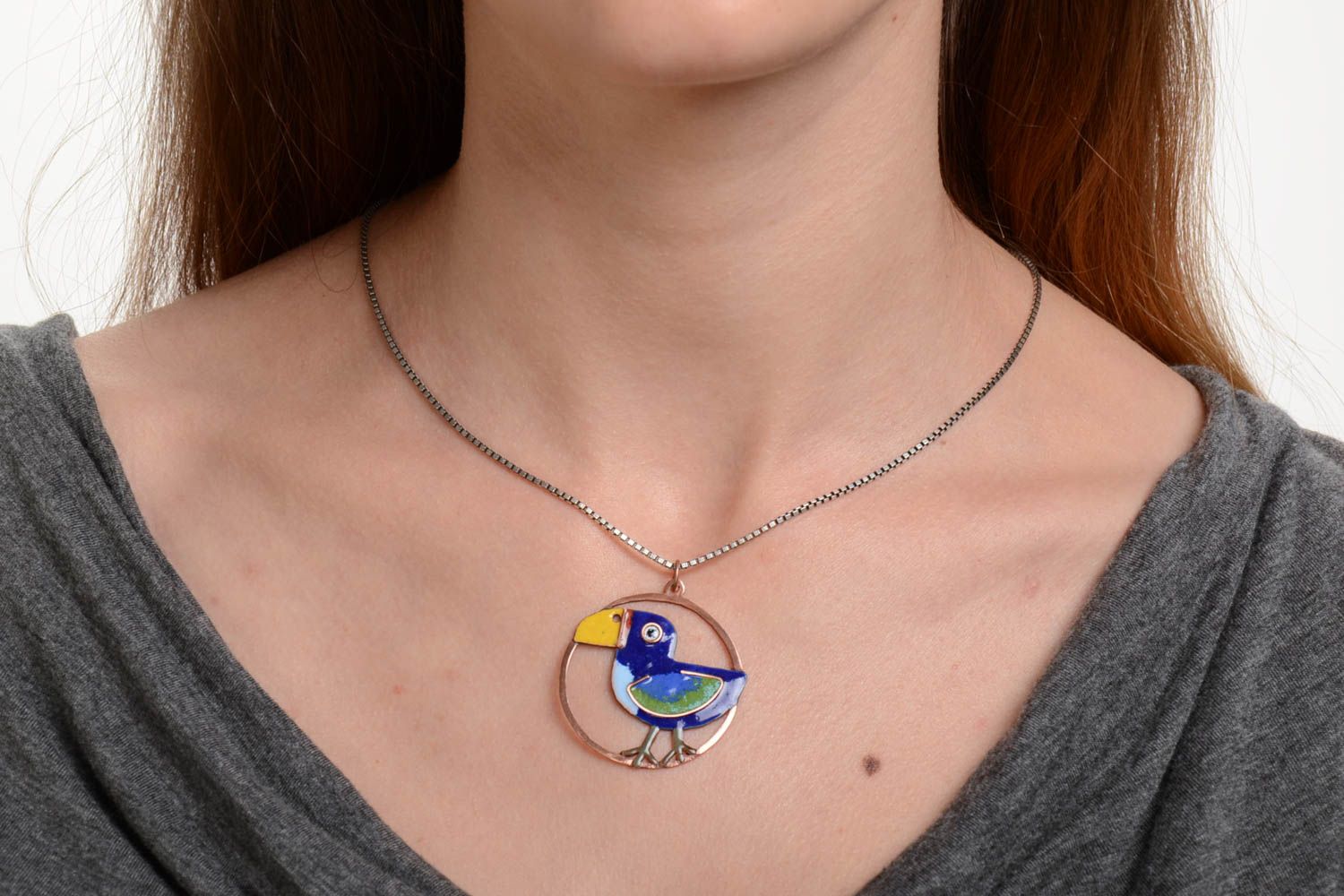 Handmade copper pendant with hot enamel painting without chain Bird photo 5