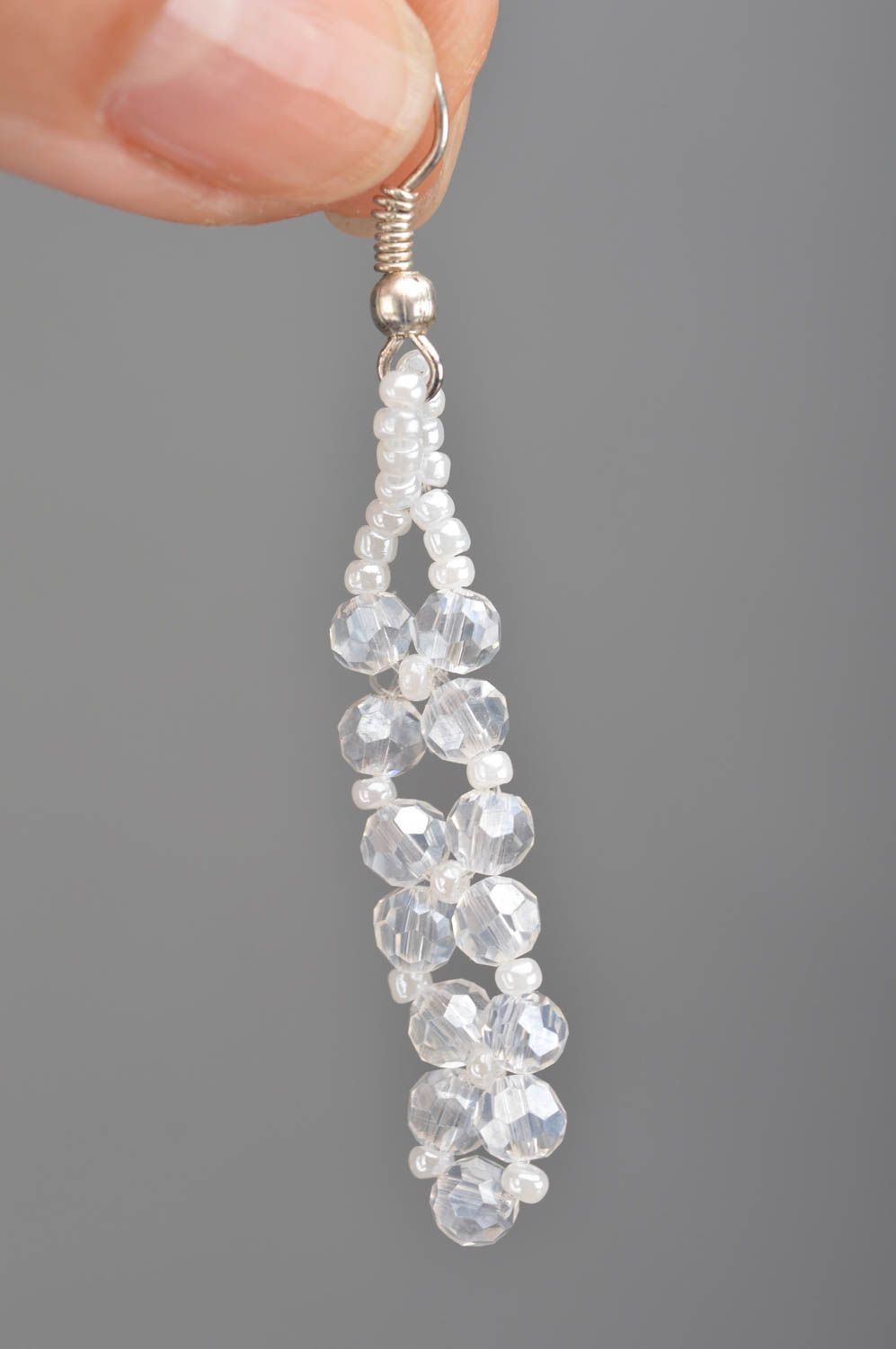 Exquisite handcrafted white long earrings made of Czech beads and crystal photo 3