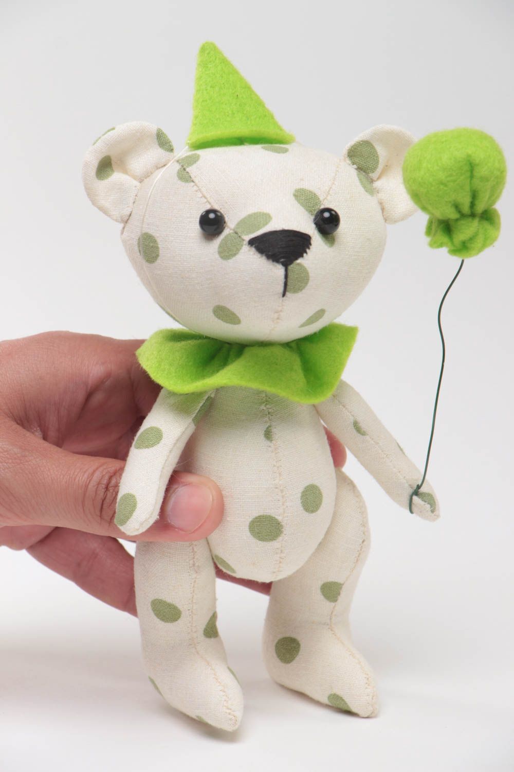 Handmade small light polka dot fabric soft toy bear with green air balloon photo 5