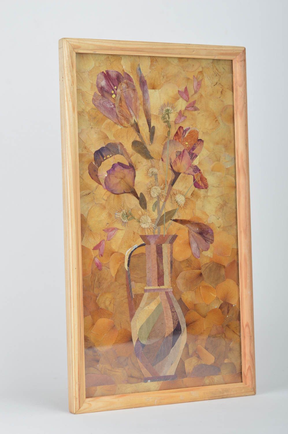 Beautiful homemade picture on fabric basis with dry leaves and flowers Tulips photo 5