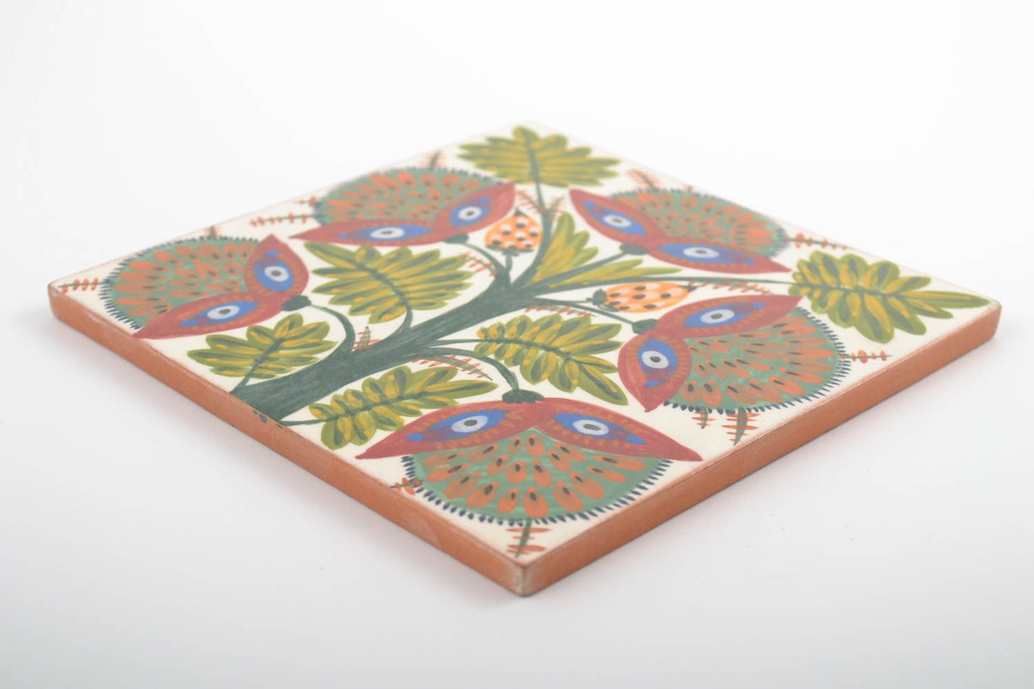 Qadratische kleine dekorative Wandplatte aus Ton mit Muster bunt Handarbeit foto 4