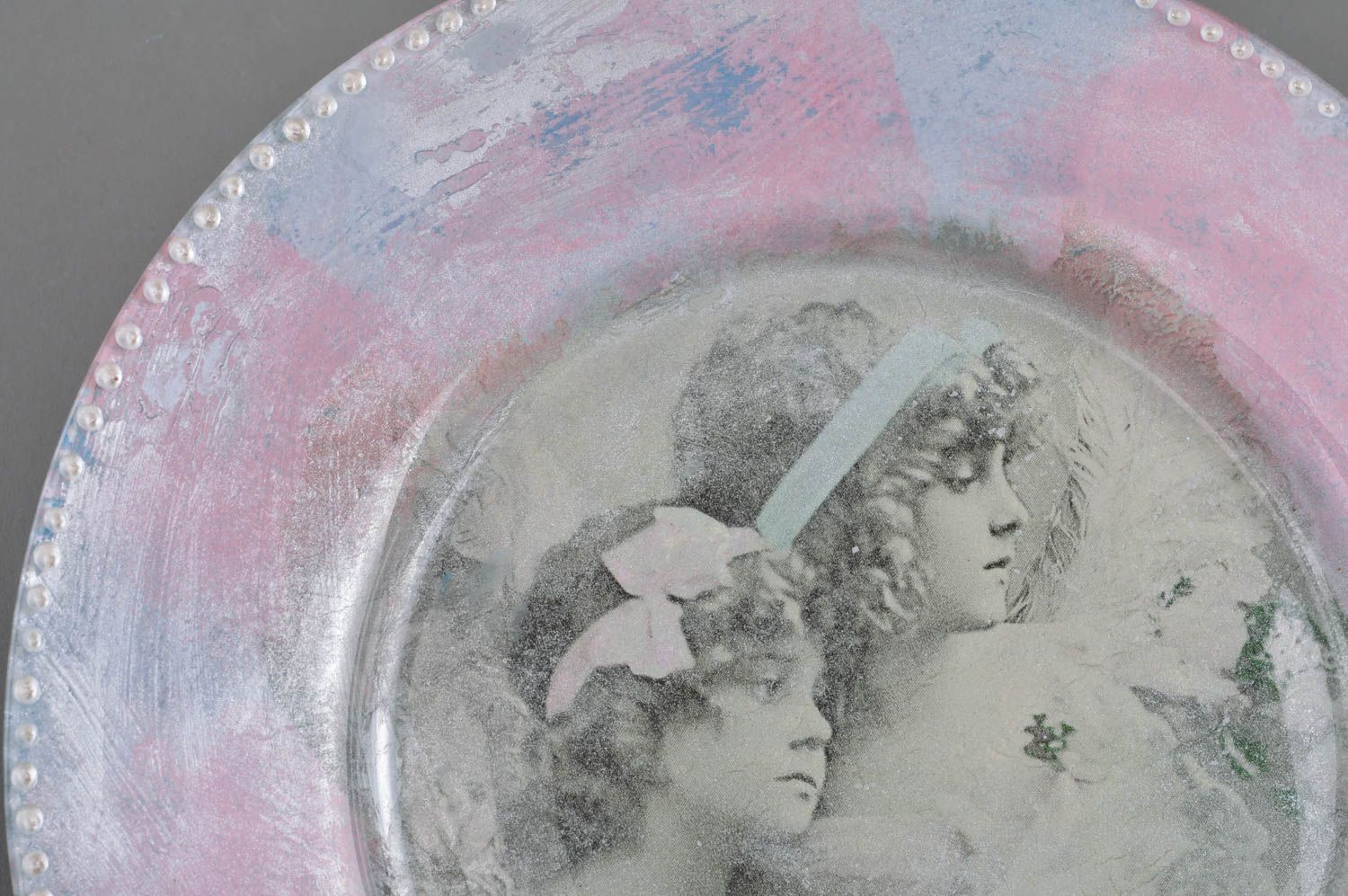 Handmade decorative decoupage glass plate pink and gray in vintage style photo 2