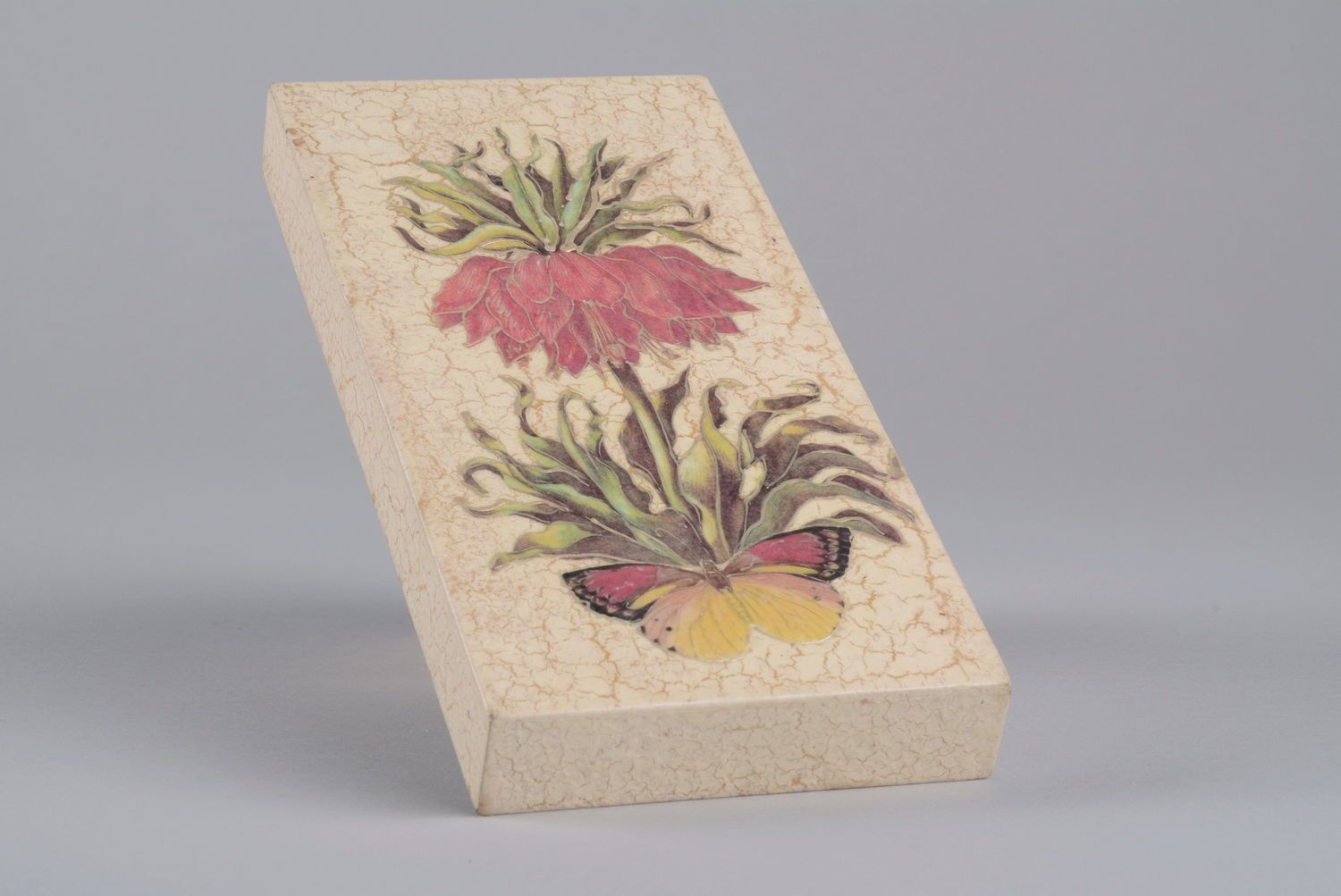 Wooden panel Red flower and butterfly photo 2