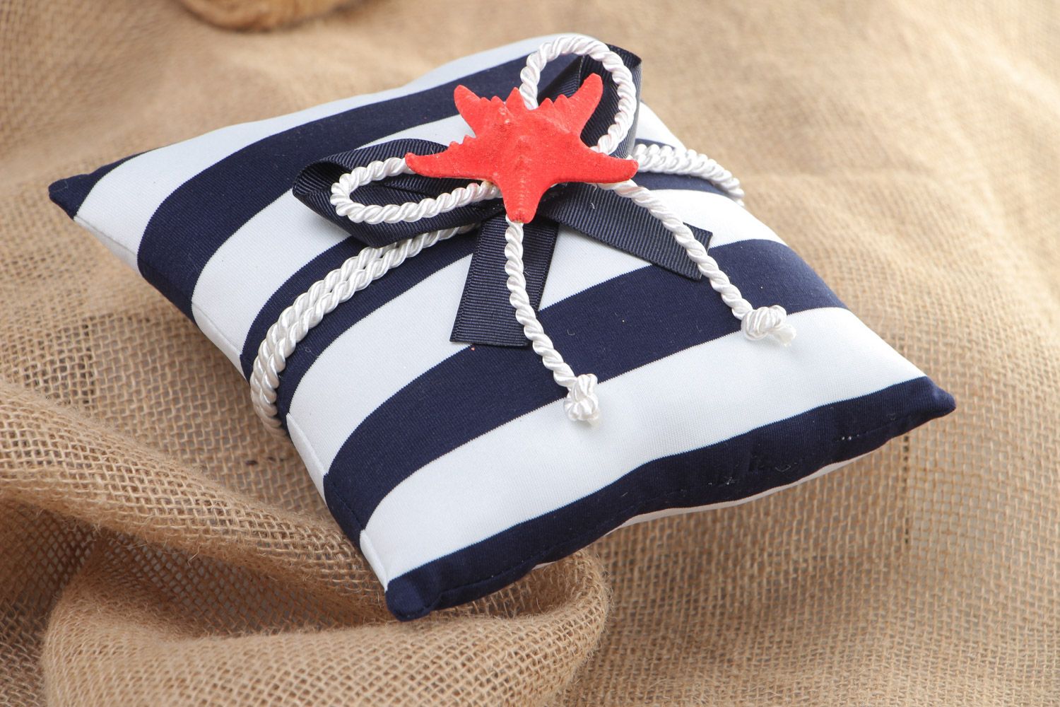 Handmade striped blue white ring pillow sewn of jersey fabric in marine style photo 1