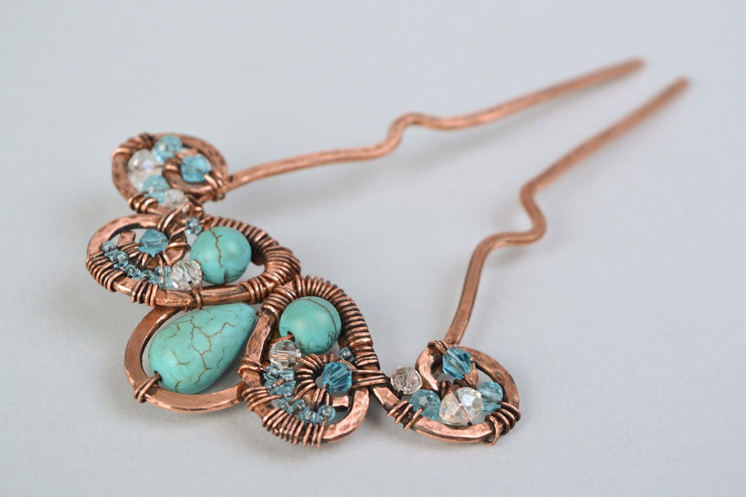 Handmade wire wrap copper hairpin with turquoise photo 4