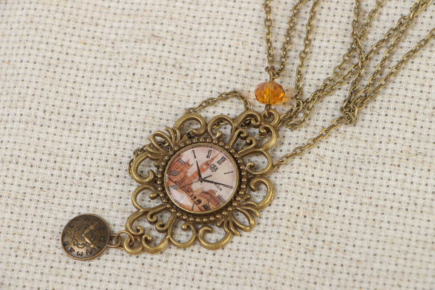 Handmade vintage metal pendant necklace with clock and glass glaze on chain photo 1