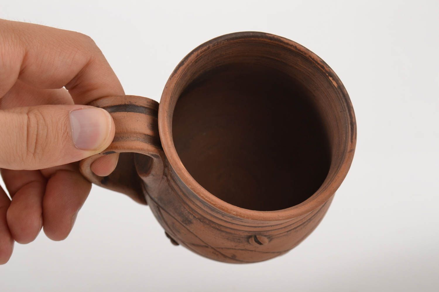 Red clay cup for tea or coffee with coffee beans pattern and handle 0,43 lb photo 2